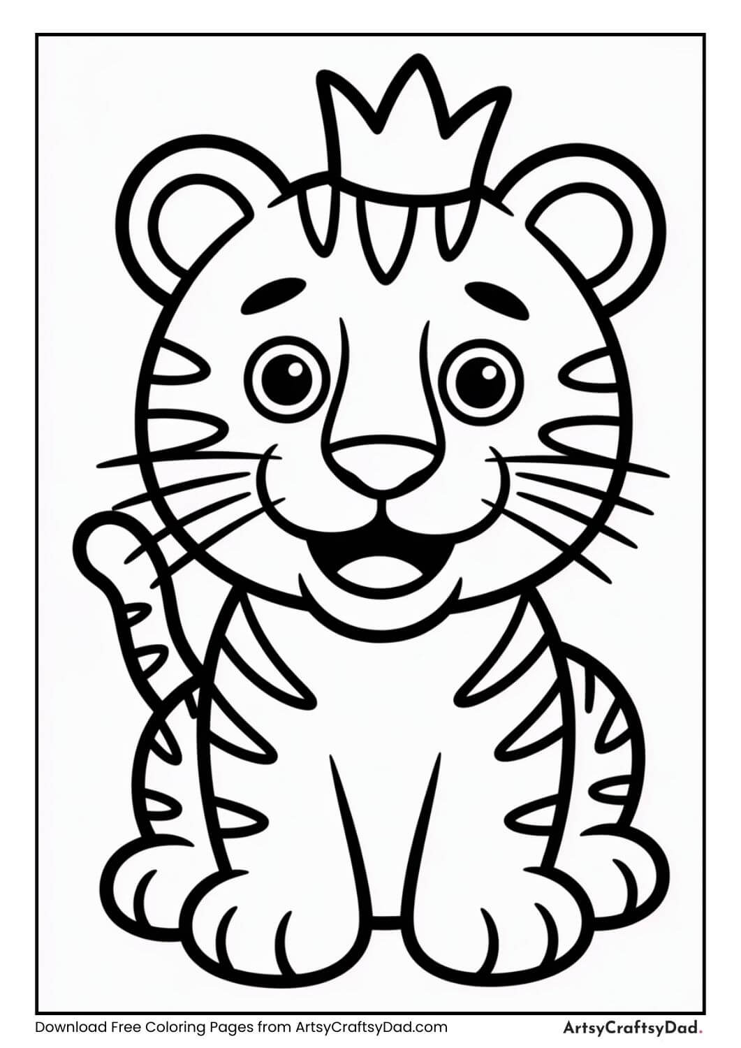 Smiling tiger wearing crown coloring page