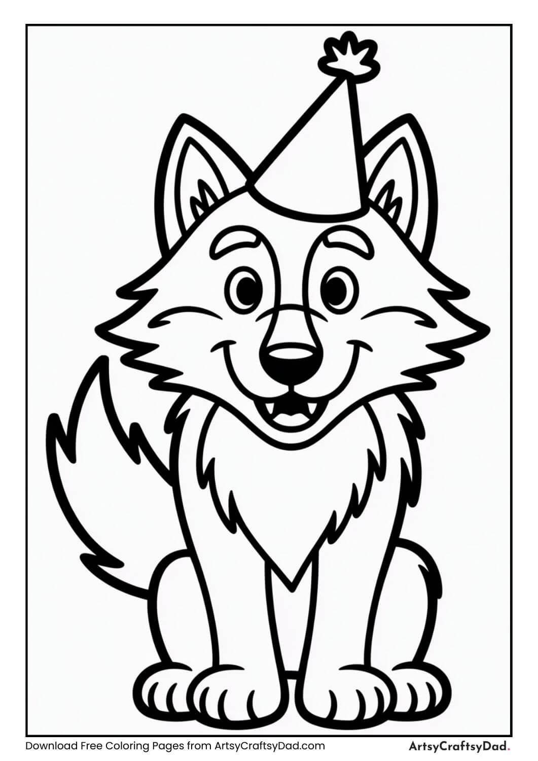Wolf wearing party hat black and white coloring page