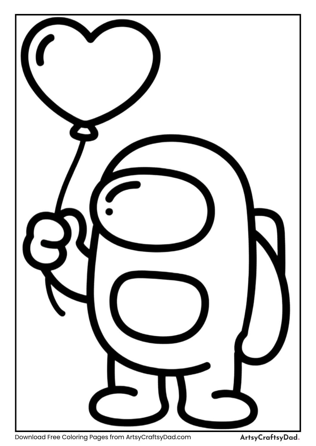 Among Us crewmate holding heart balloon coloring page