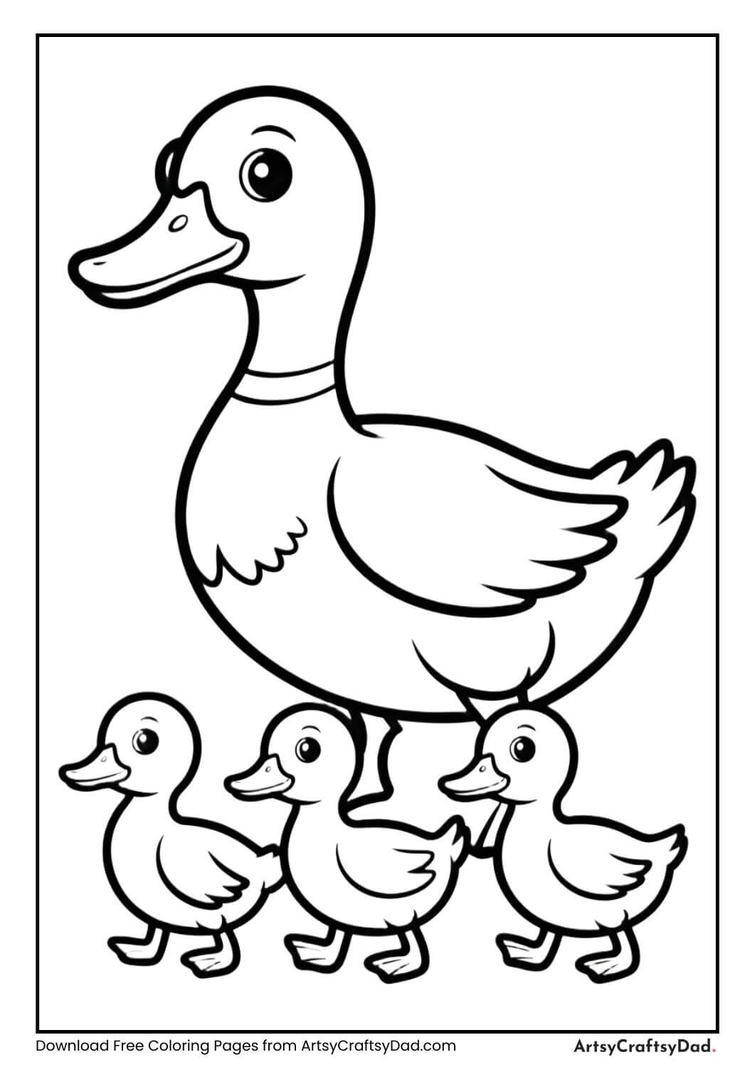 Duck with ducklings black and white coloring page