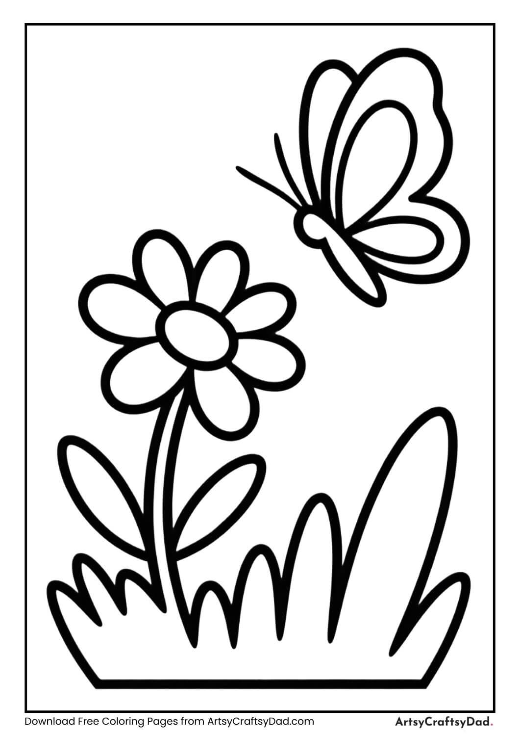 Butterfly in a garden black and white coloring page