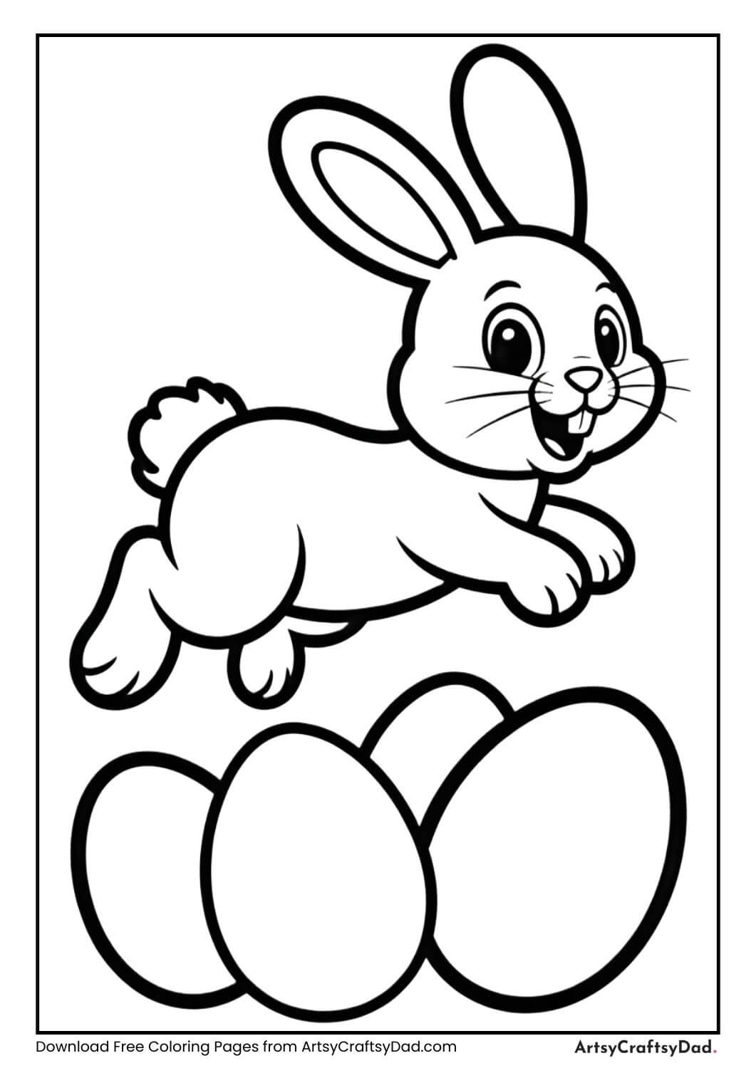 Easter bunny jumping over eggs coloring page