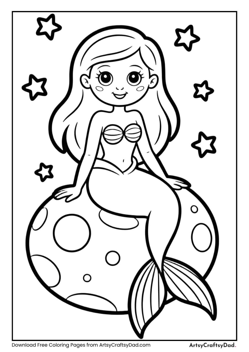 Mermaid sitting on moon-shaped rock coloring page
