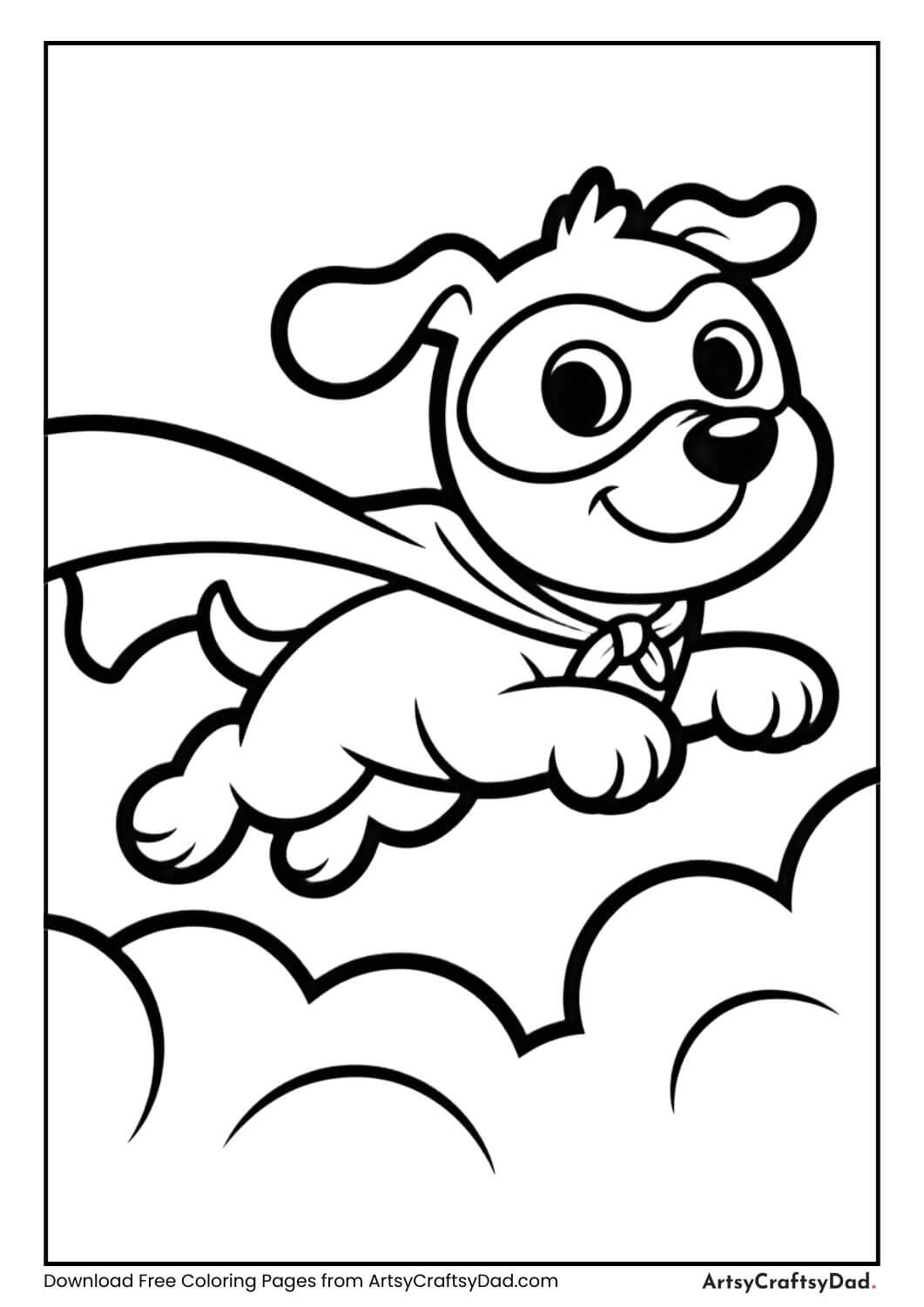 superhero dog flying in sky coloring sheet