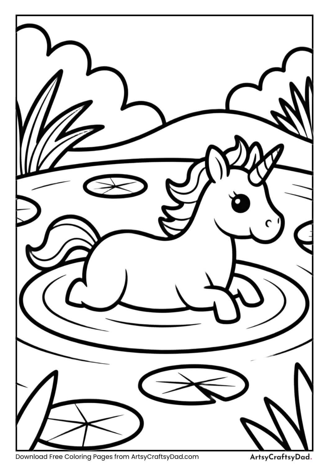 unicorn standing in pond coloring page