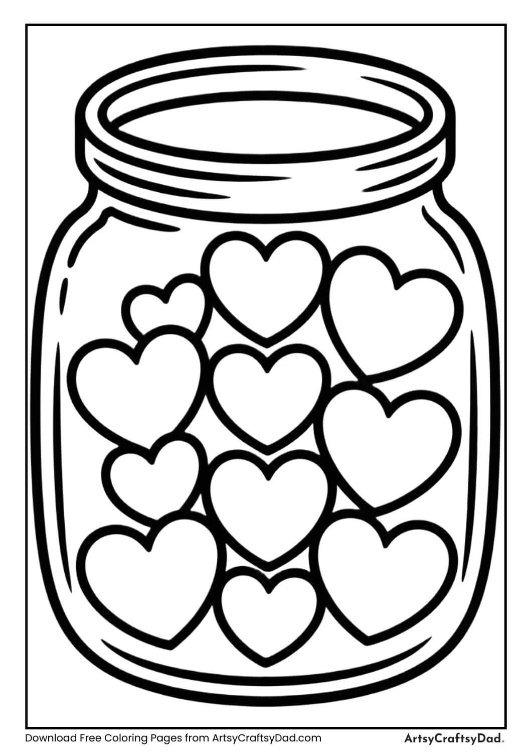 Jar filled with hearts Valentine coloring page