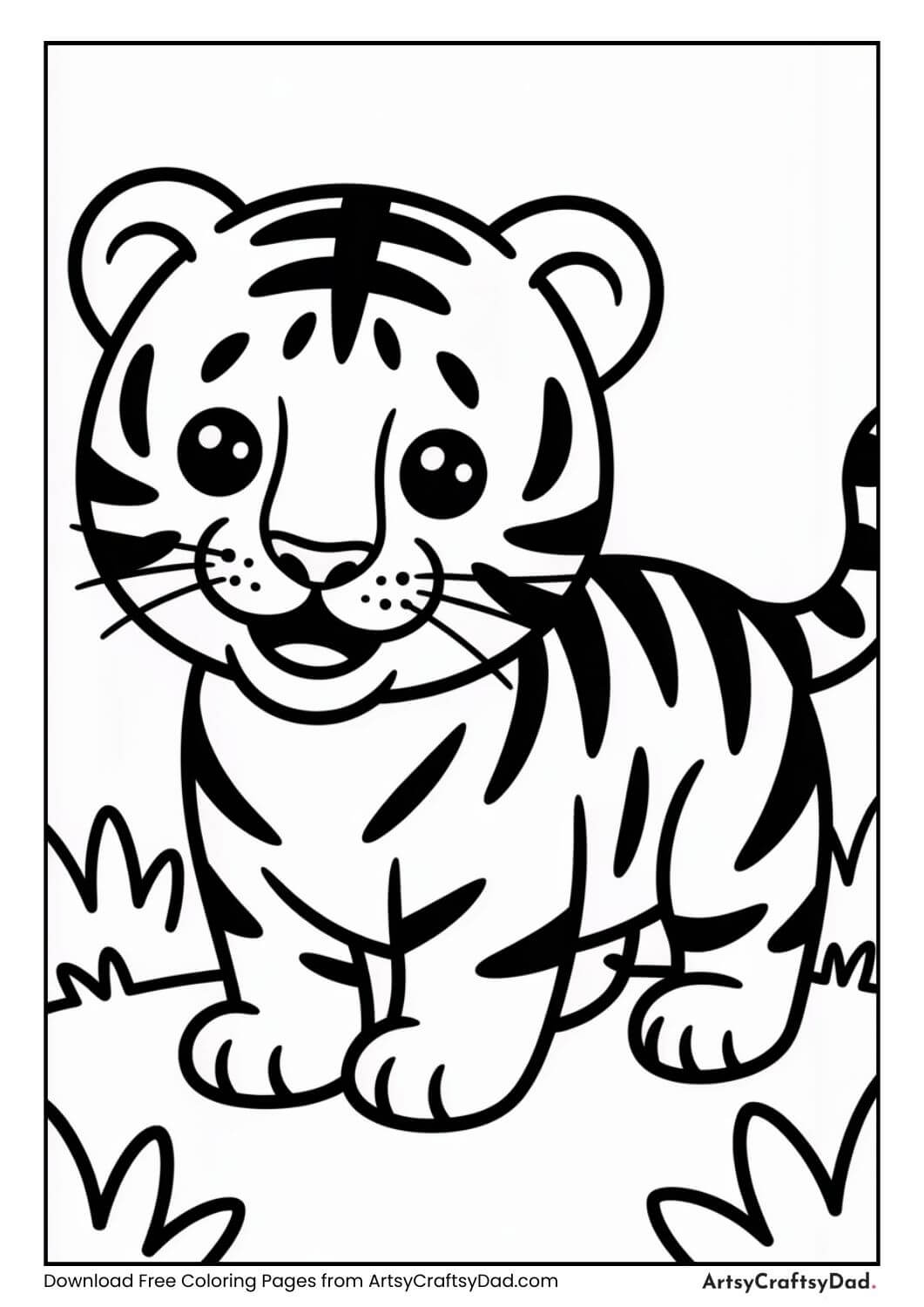 Baby tiger standing on grass black and white coloring page