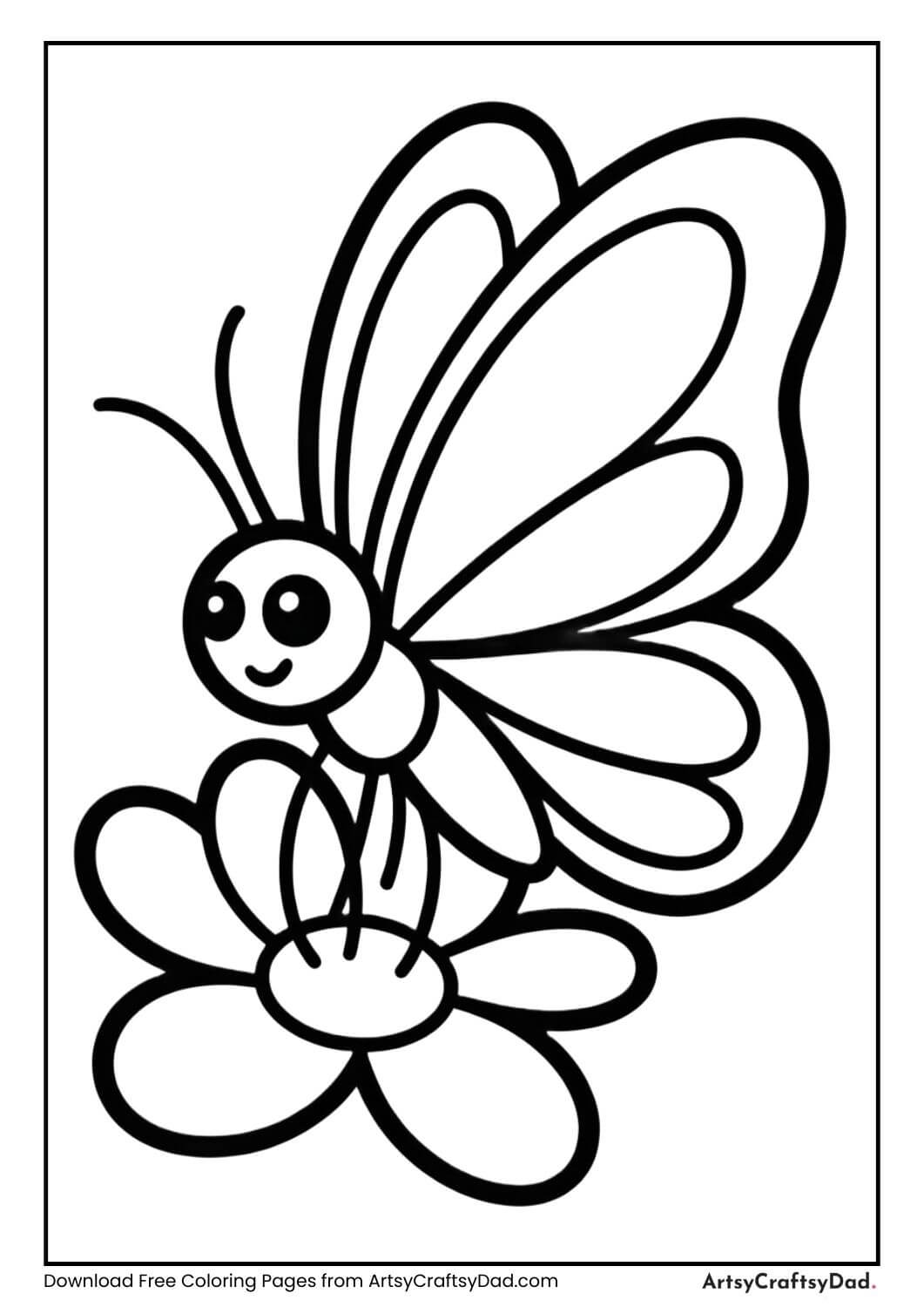 Cute butterfly sitting on a flower black and white coloring page