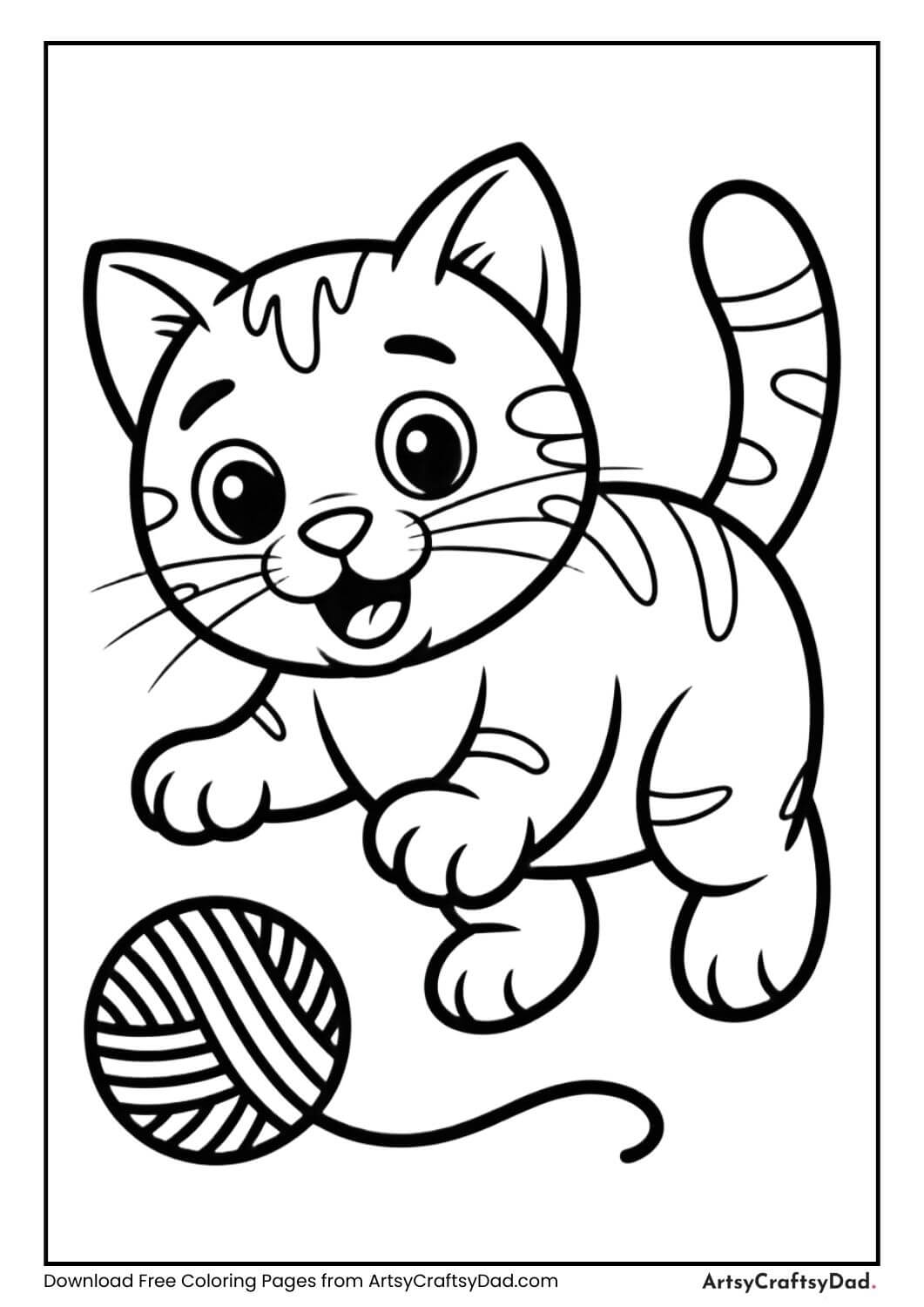 Cat playing with yarn black and white coloring page