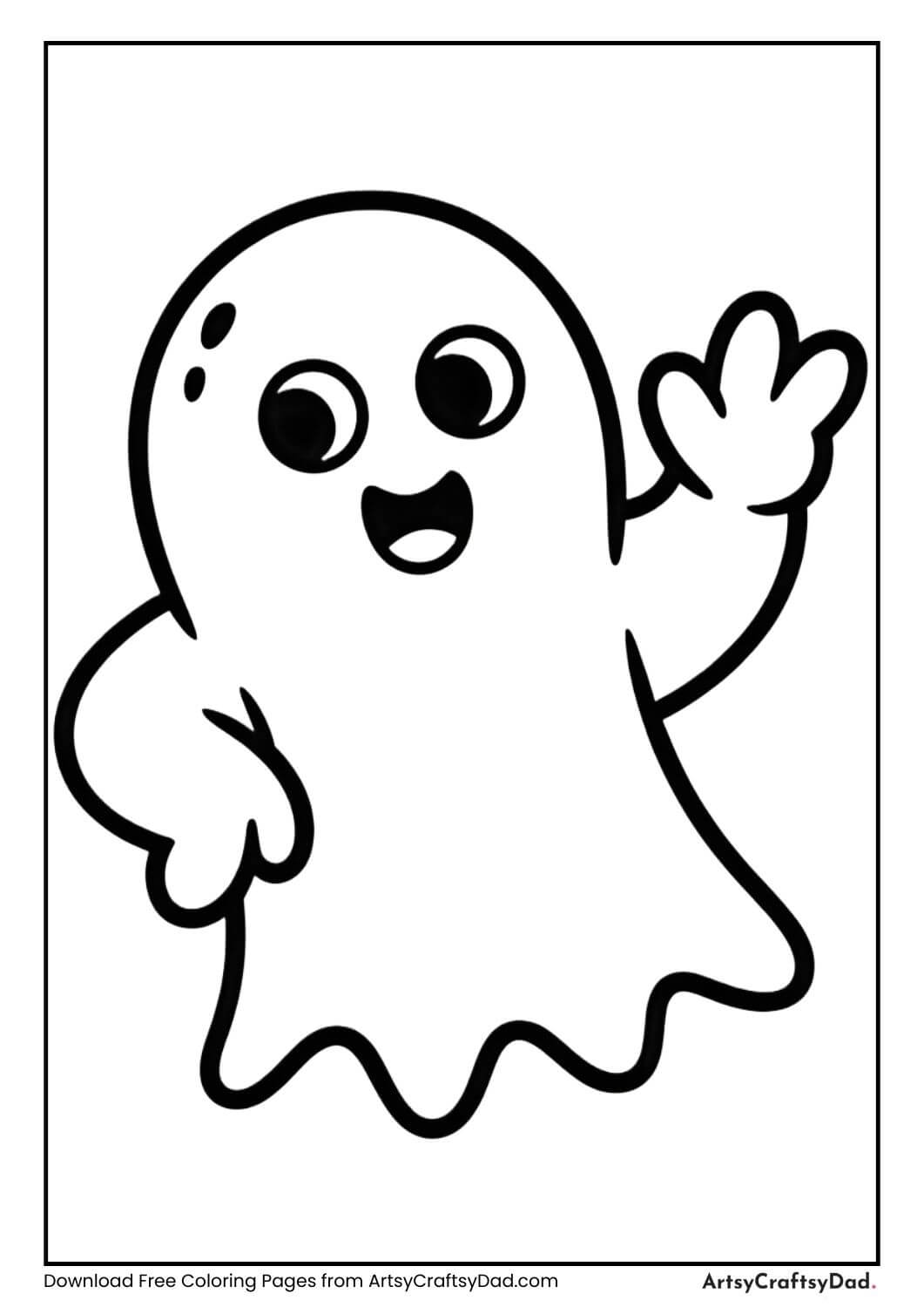 Cute ghost waving Halloween coloring page for kids