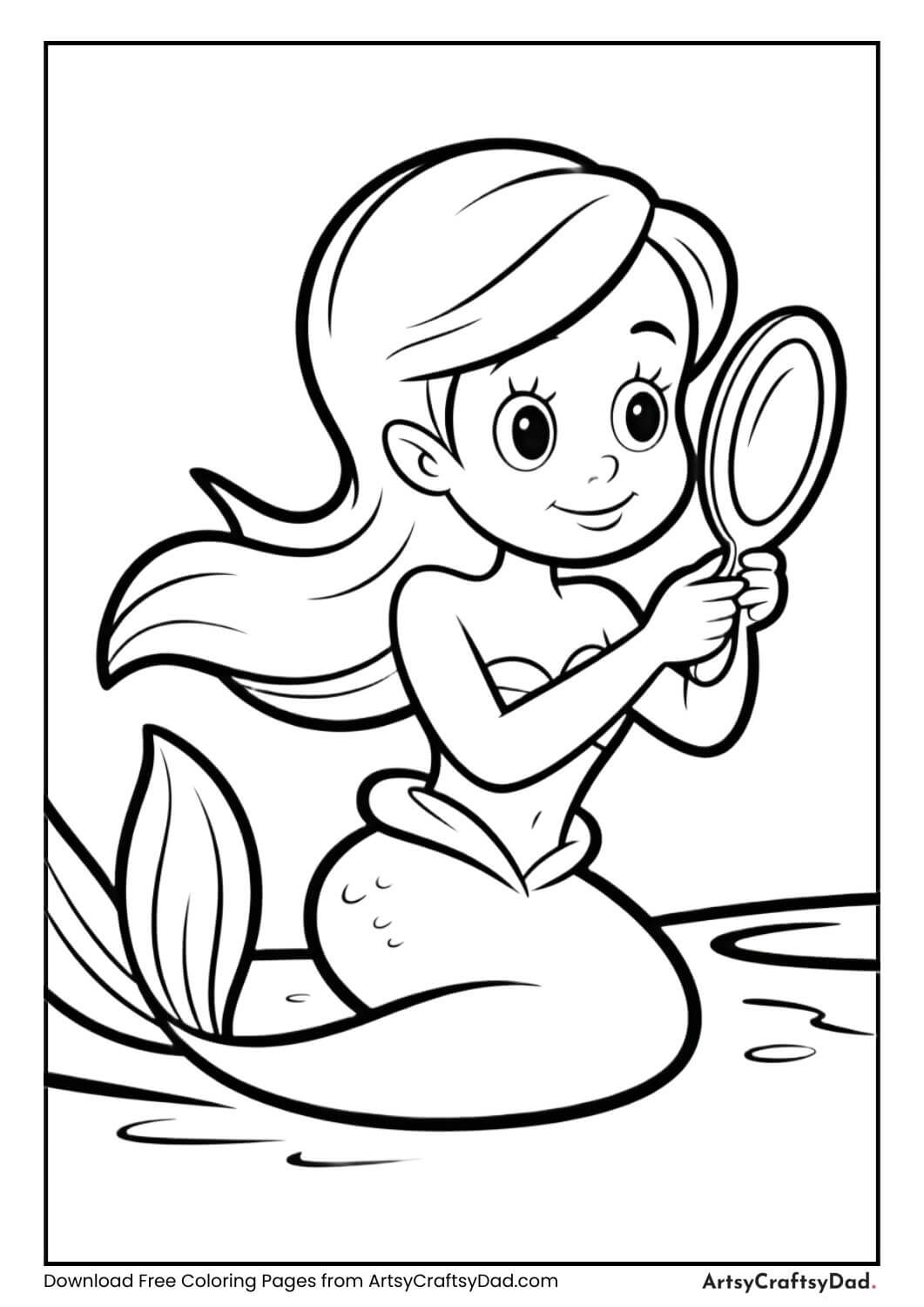 Mermaid combing hair with seashell mirror easy coloring page
