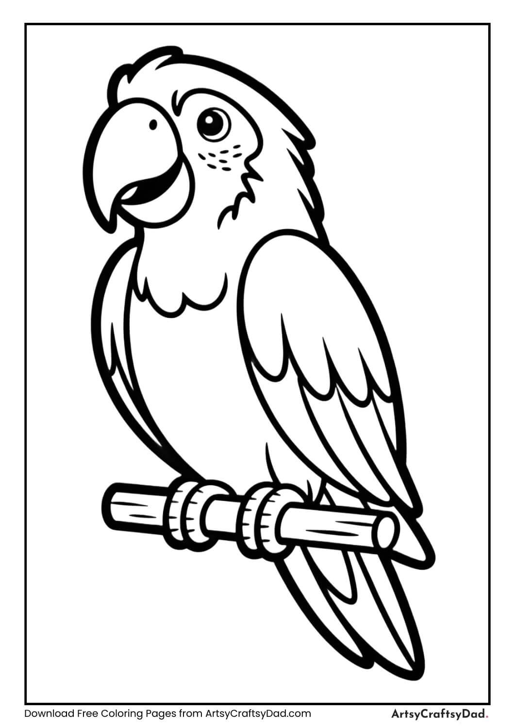 Smiling parrot black and white coloring page for children