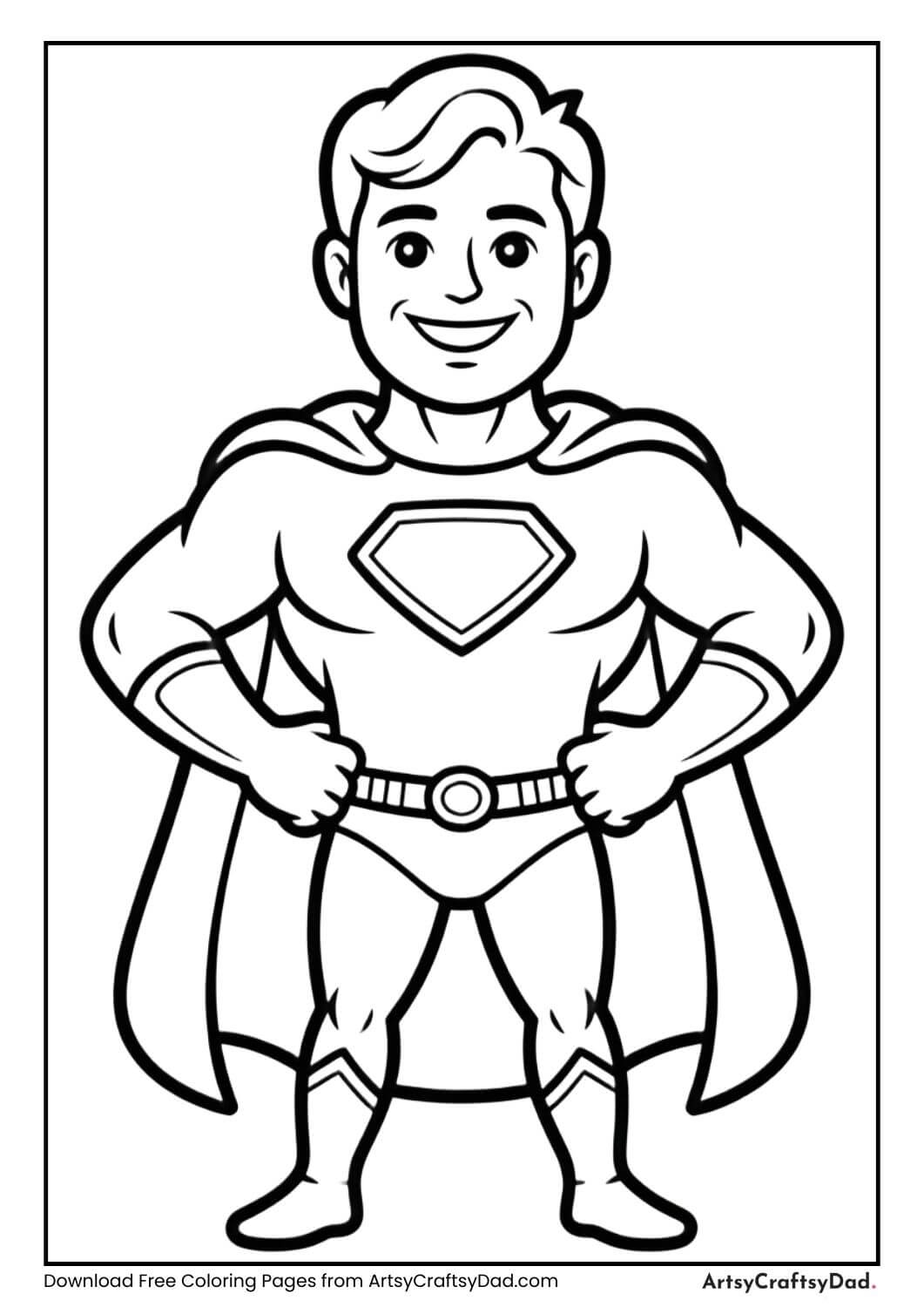 smiling superhero standing proudly coloring sheet