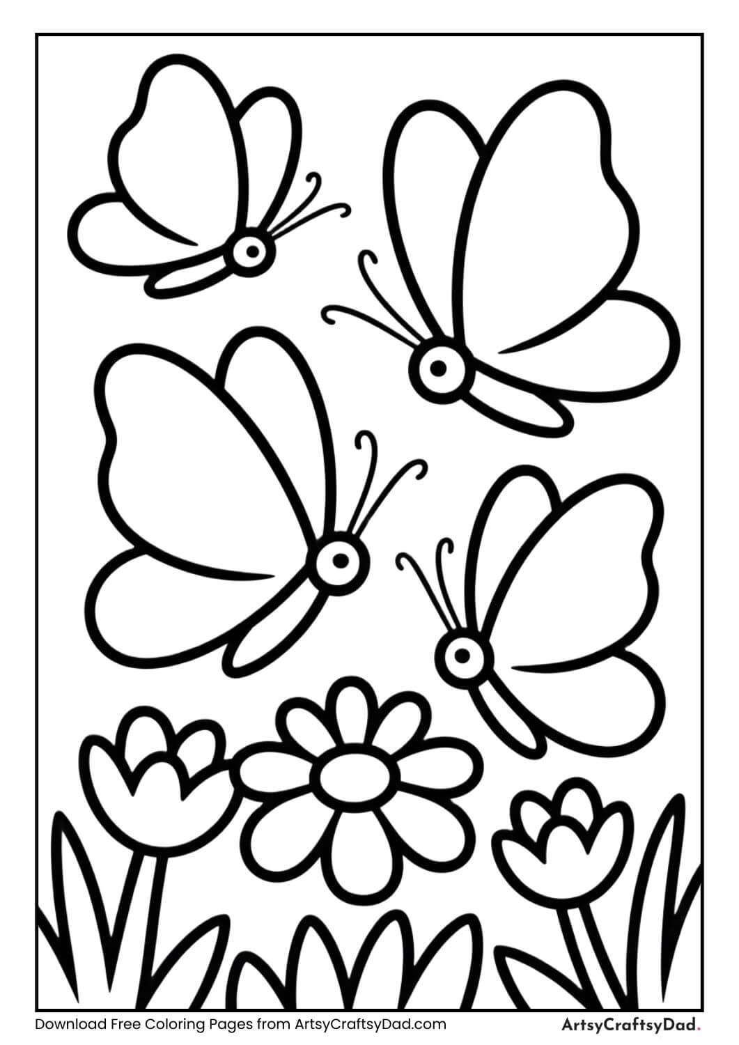 Butterflies flying over spring flowers coloring page
