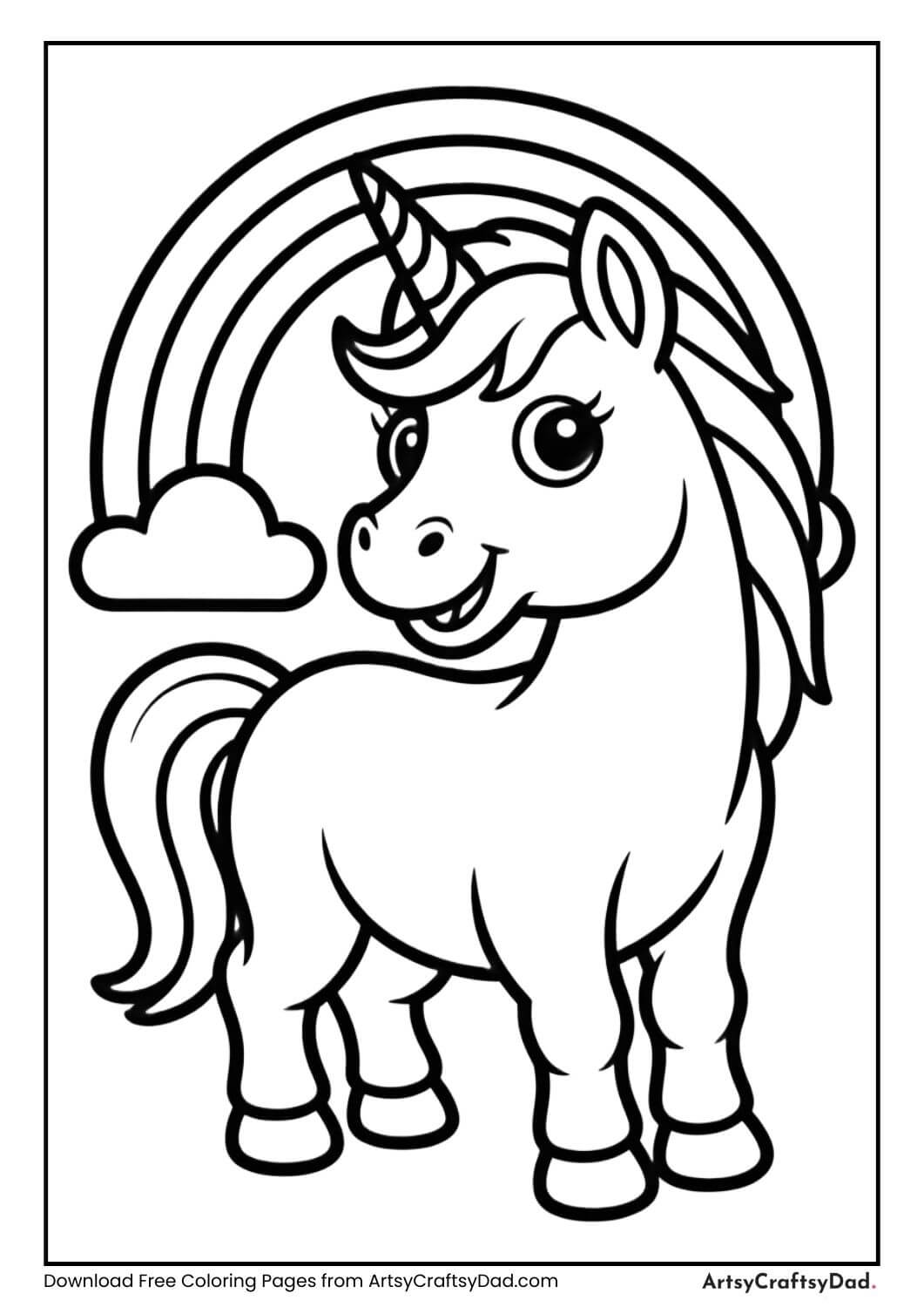 simple unicorn with rainbow black and white coloring page