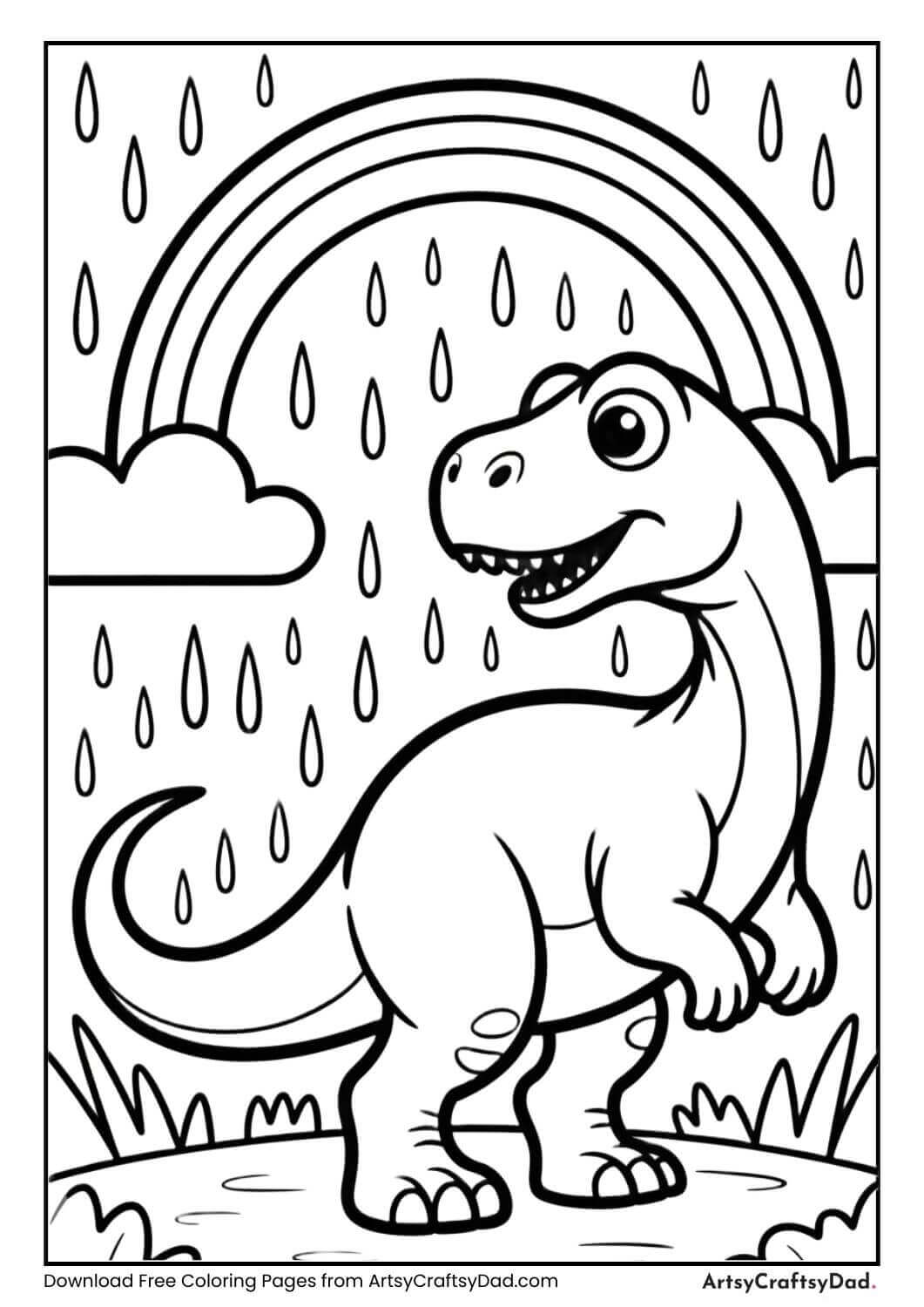 Dinosaur looking at rainbow coloring page for kids