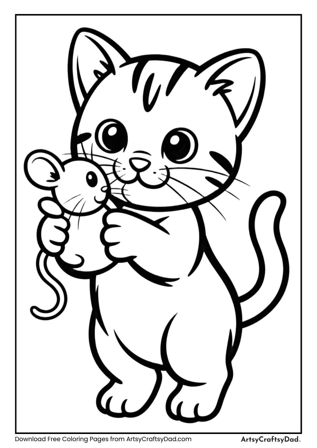 Kitten holding toy mouse coloring page