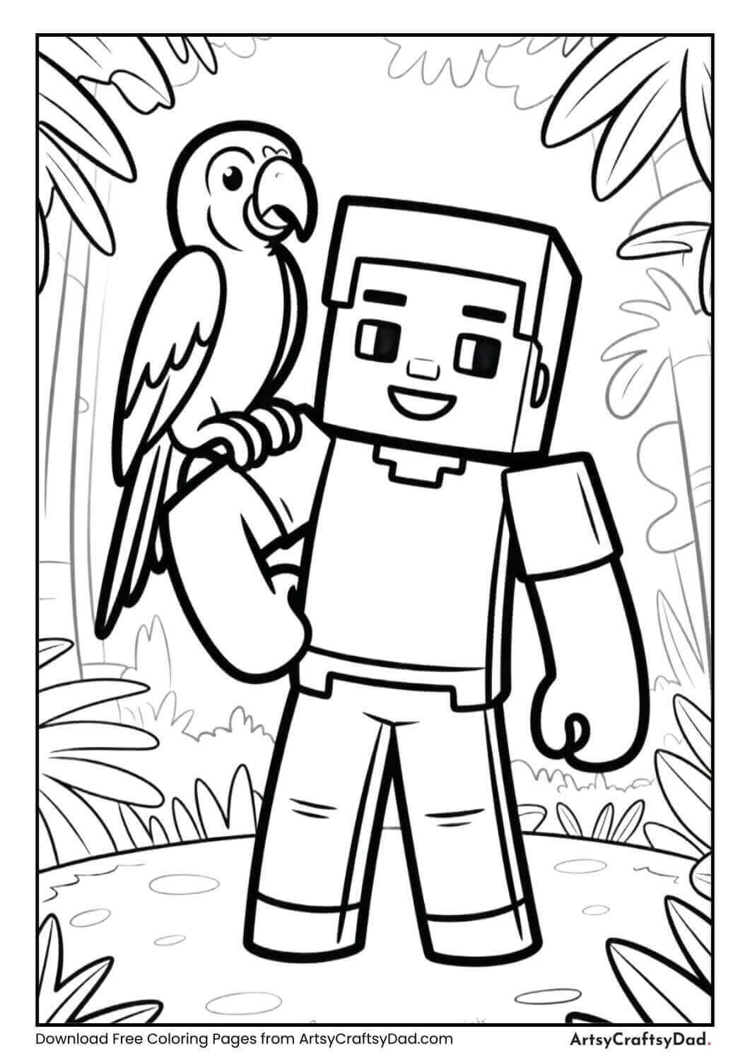 Minecraft parrot on Alex’s shoulder coloring page