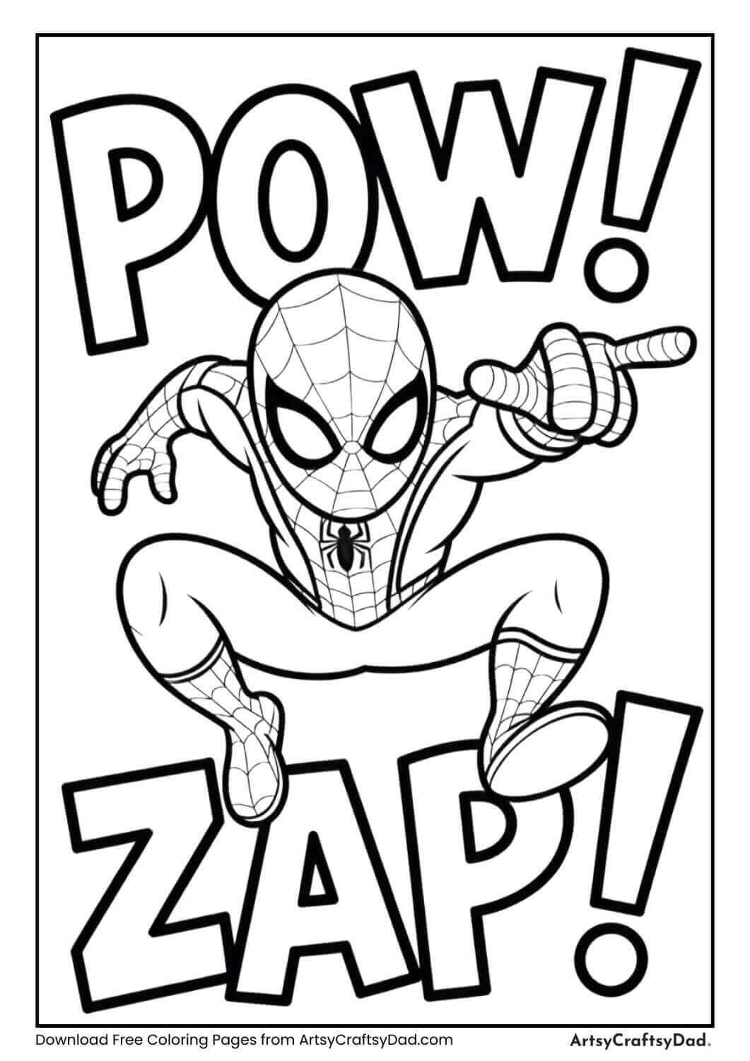 Spiderman comic action words coloring page