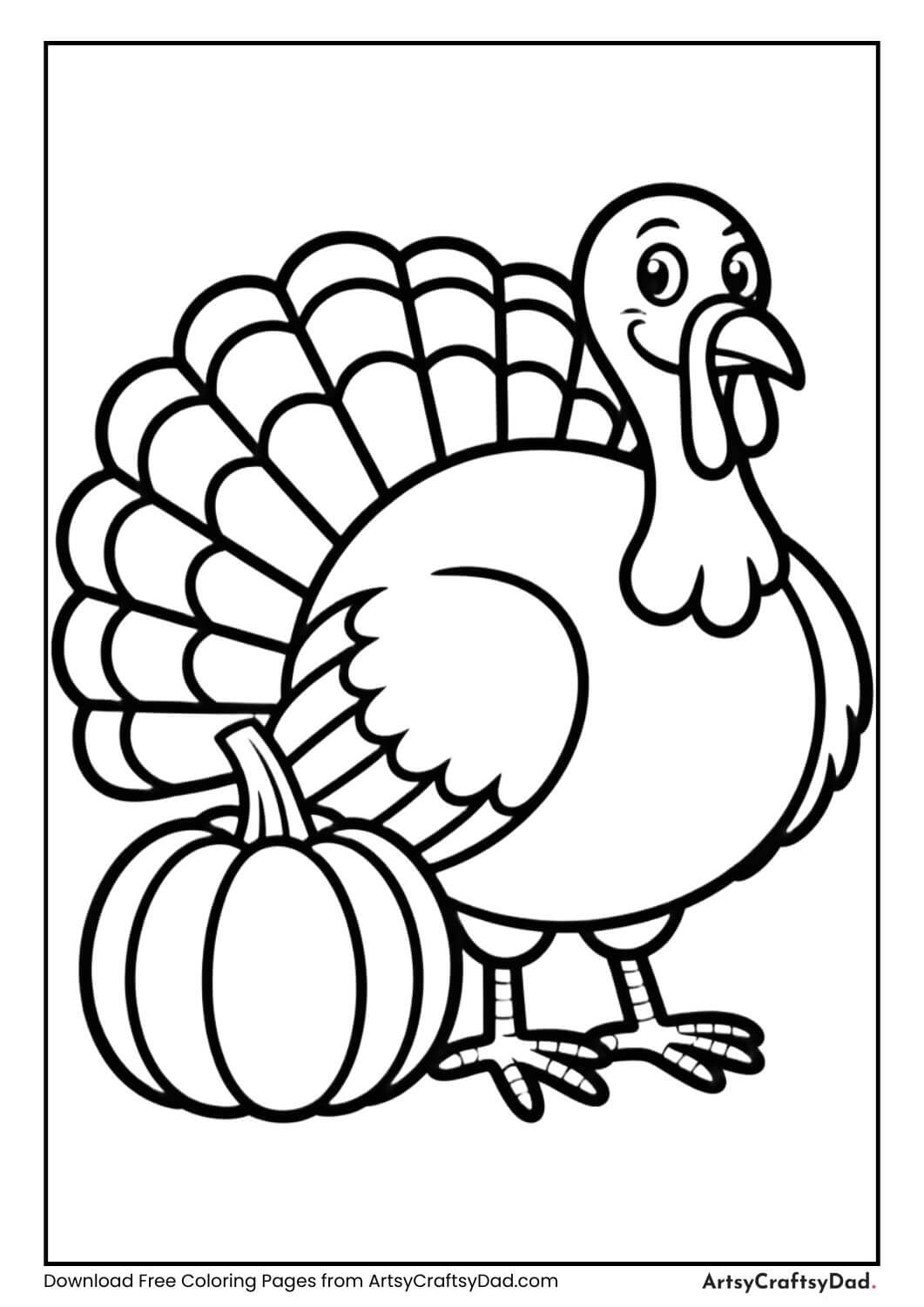 Turkey next to pumpkin Thanksgiving coloring page