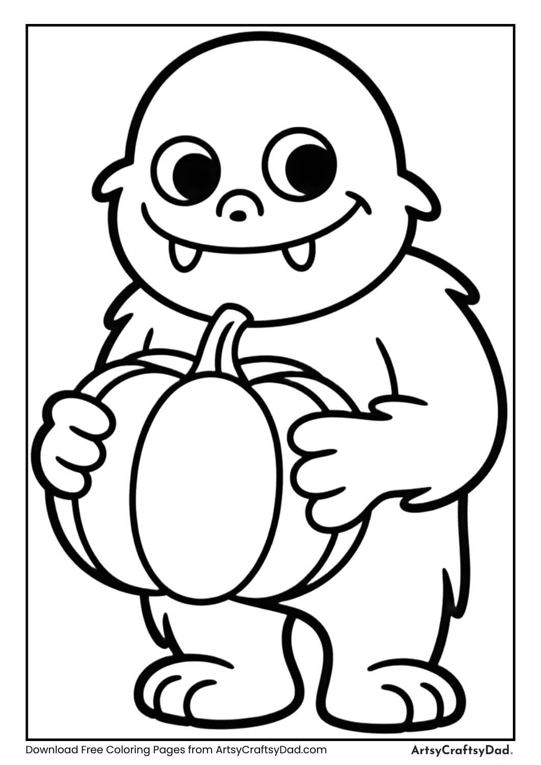 Cute monster holding pumpkin coloring page
