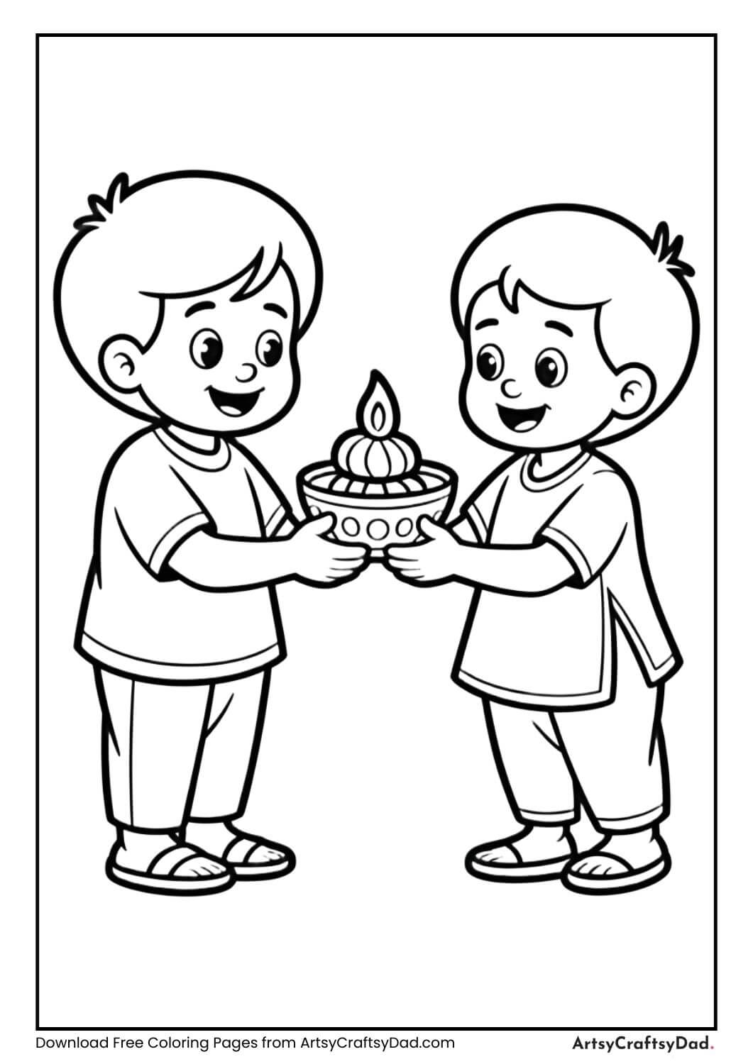 Kids exchanging sweets Diwali coloring page