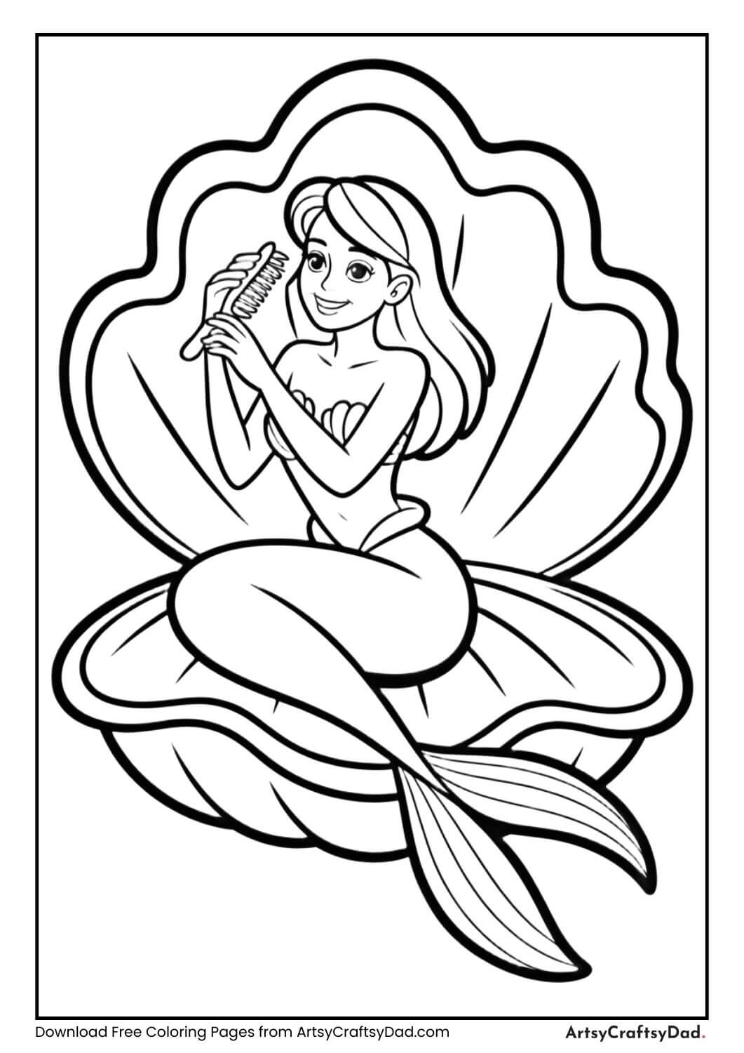 Mermaid brushing hair sitting on clam shell coloring page