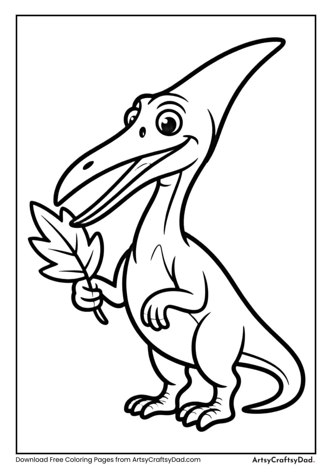 Pteranodon flying with leaf in beak coloring sheet