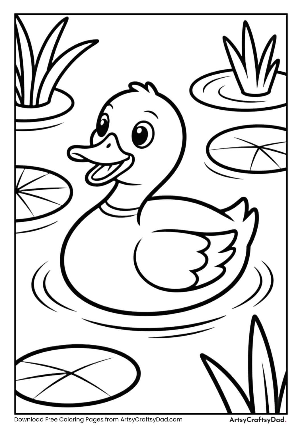 Duck swimming in pond spring coloring page
