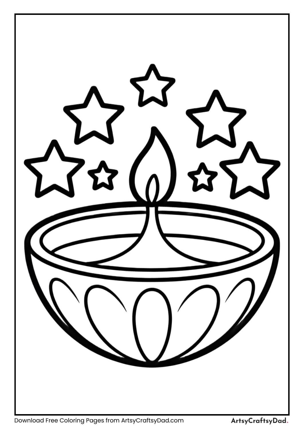 Big diya with stars Diwali coloring page