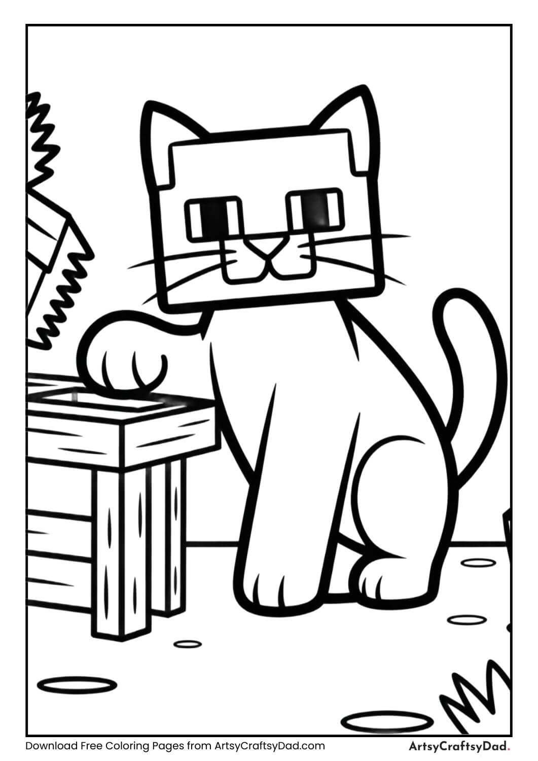 Minecraft cat beside crafting table coloring page