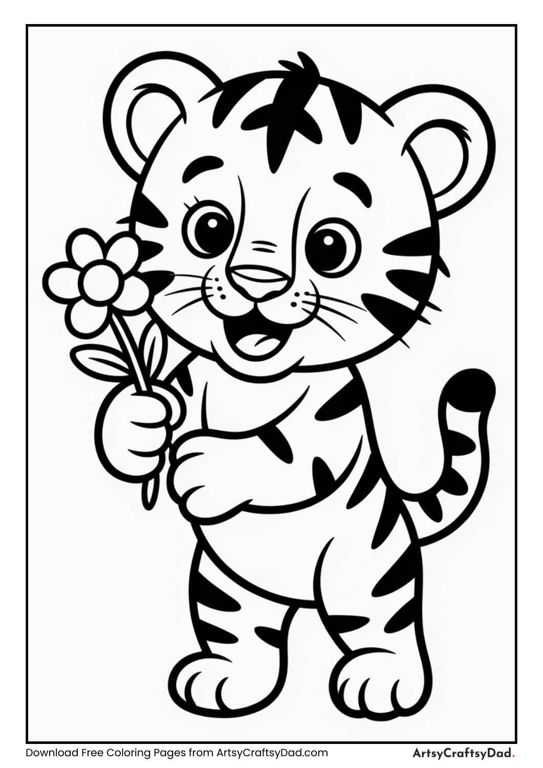 Tiger cub holding flower coloring page