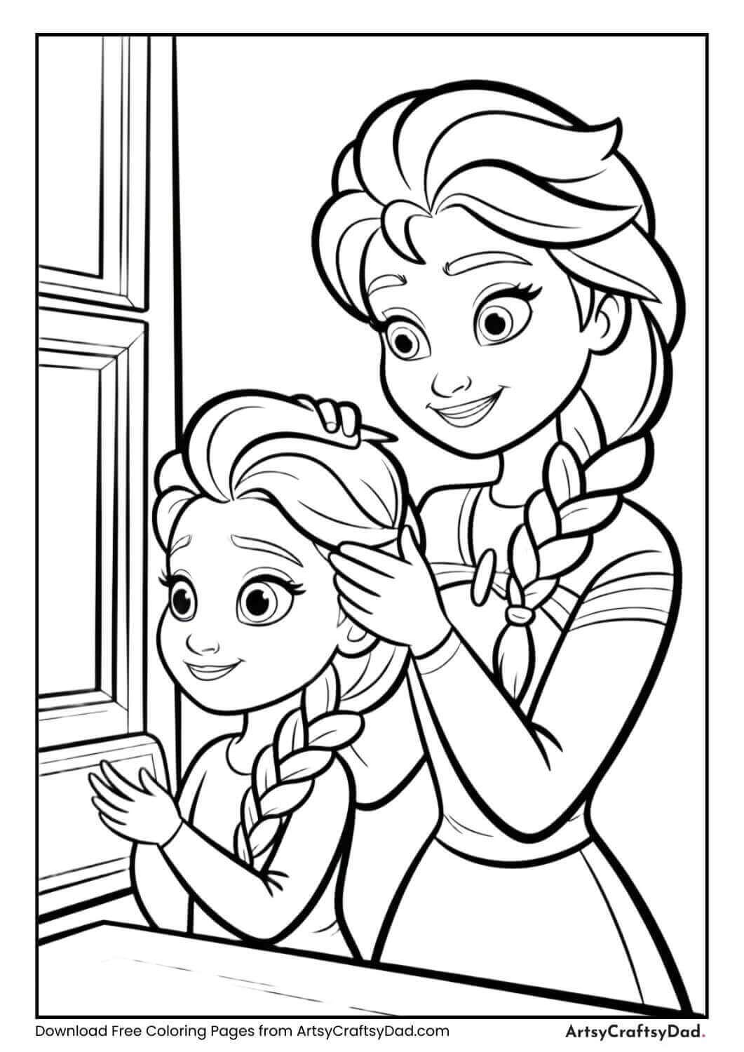 Anna braiding Elsa’s hair coloring sheet