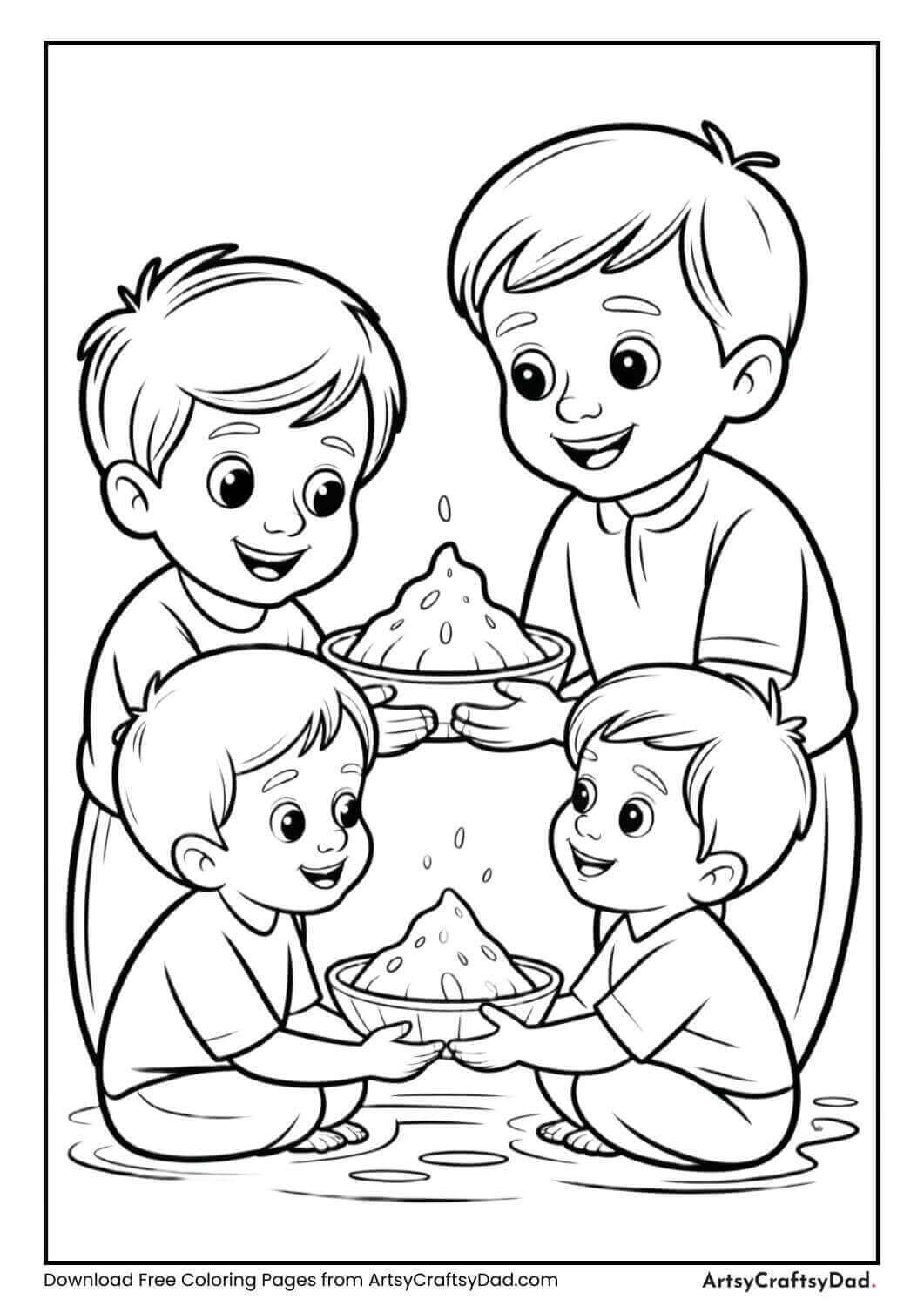 Kids sharing gulal Holi coloring page