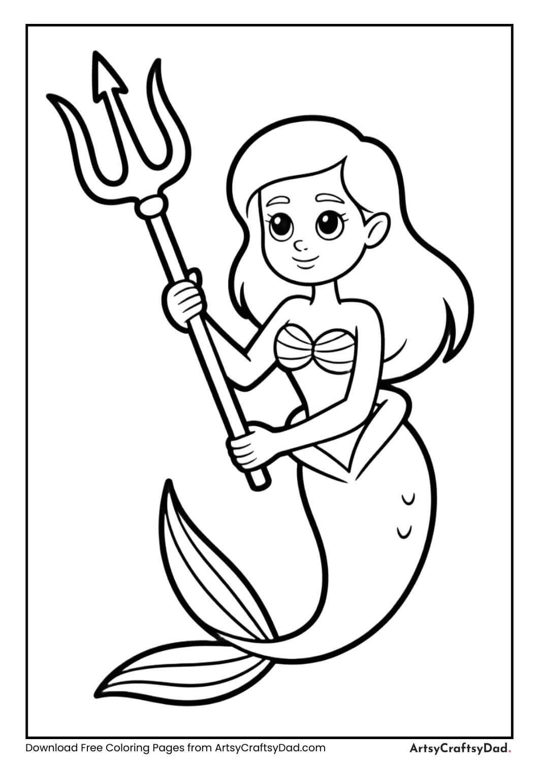 Mermaid holding trident in ocean kingdom coloring page