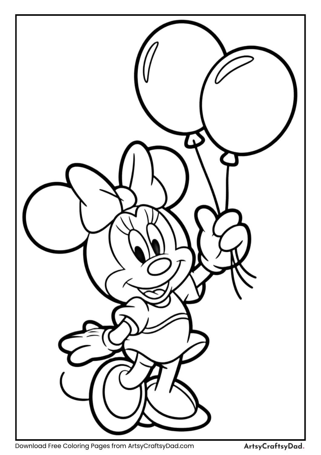 Minnie Mouse holding balloons coloring sheet for kids