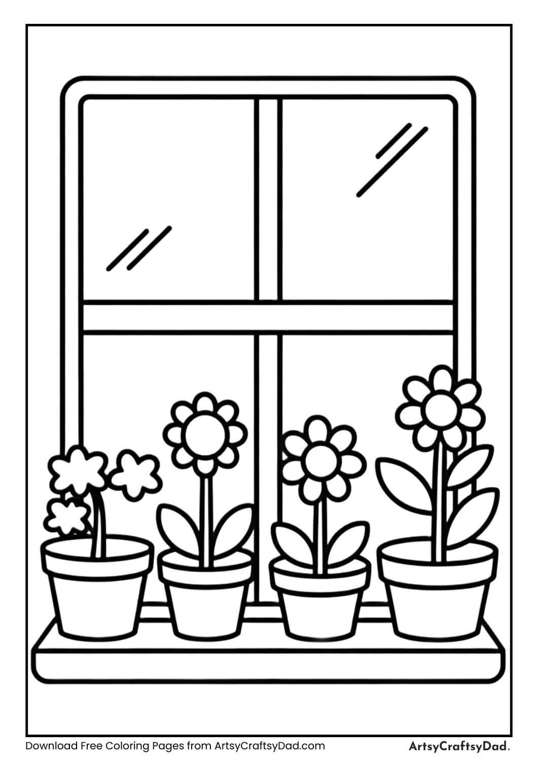 Flower pots on window sill spring coloring page