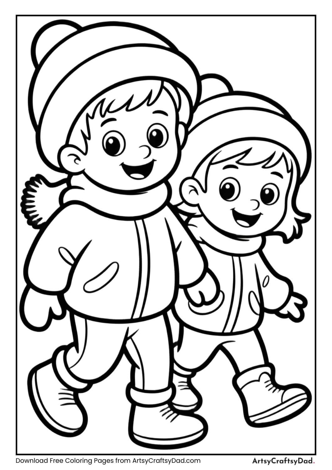 Kids walking in winter coloring page