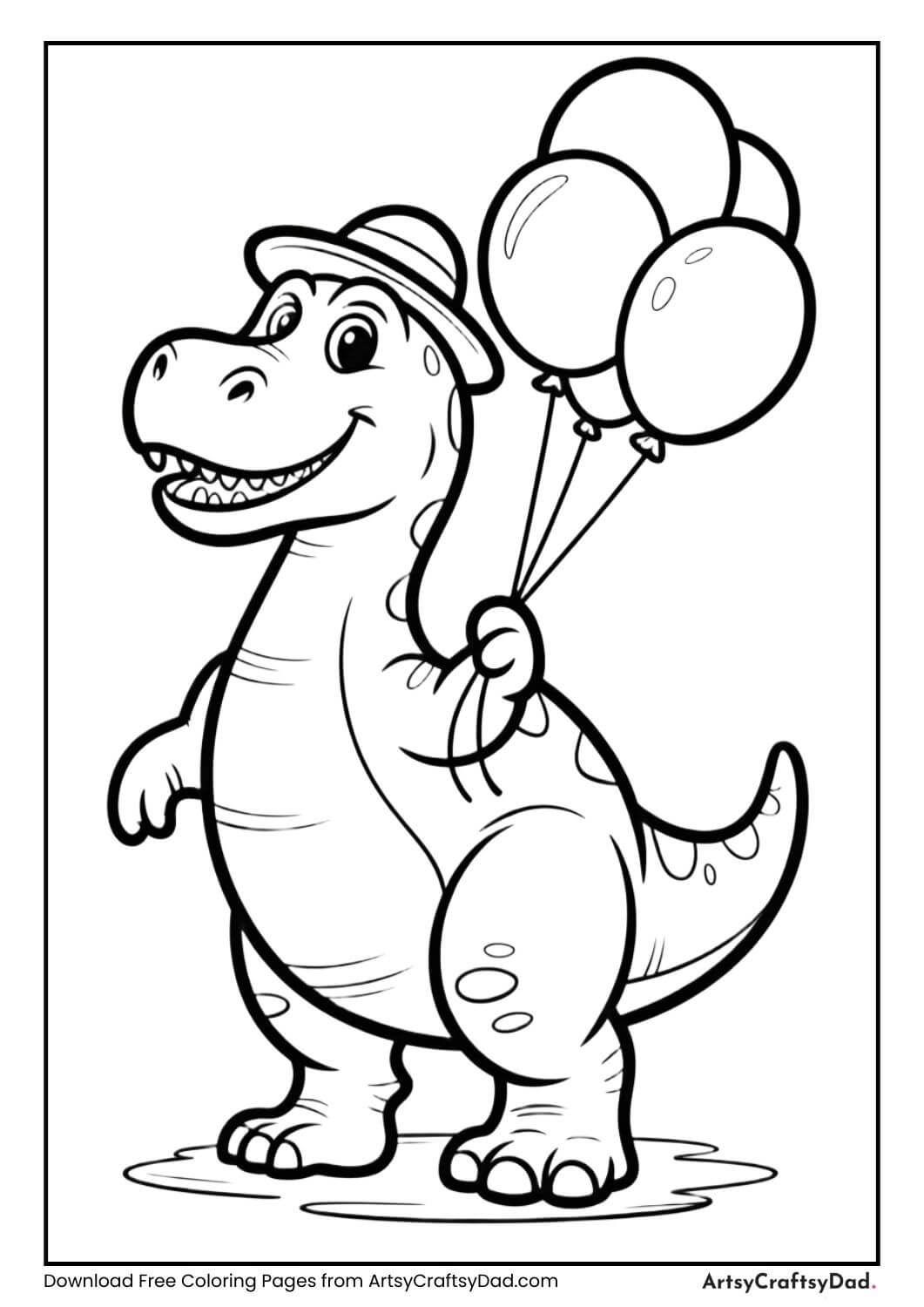 Cute dinosaur holding balloons coloring sheet