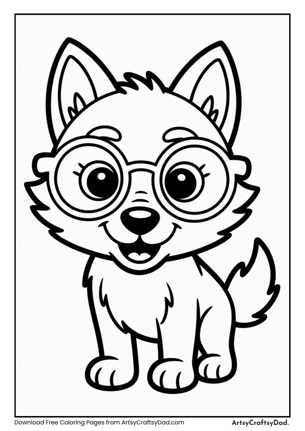Wolf wearing glasses black and white coloring page