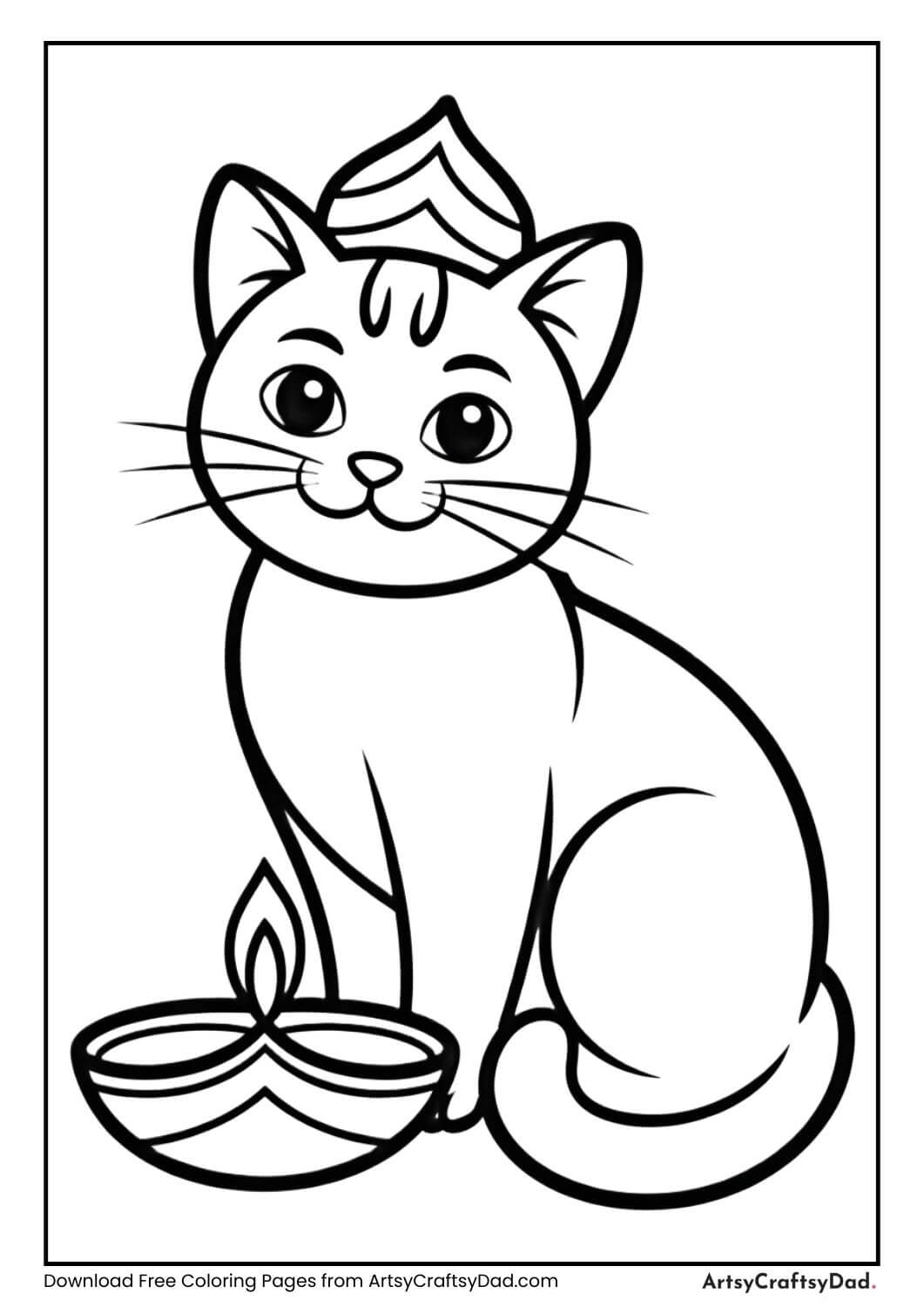 Cute cat with diya Diwali coloring page