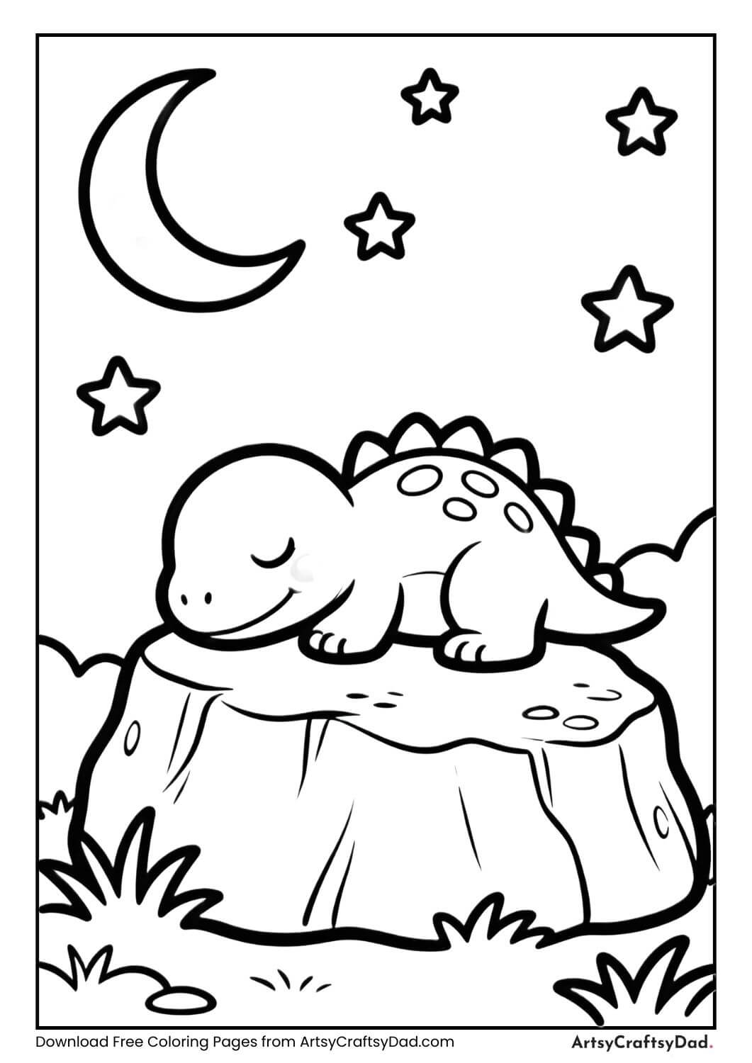Cute dinosaur sleeping on rock under moon coloring page