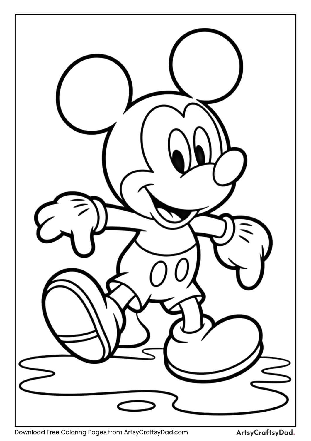Mickey Mouse jumping in puddles coloring page