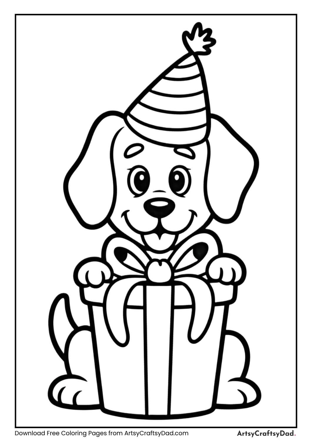Dog wearing birthday hat coloring page