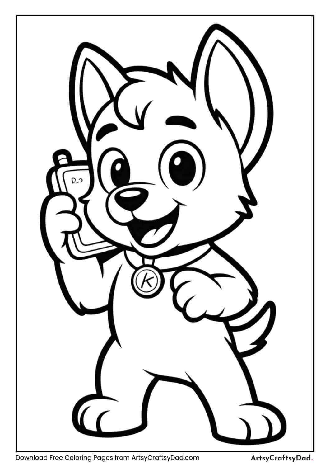 Ryder calling the Paw Patrol team on the Pup Pad coloring page