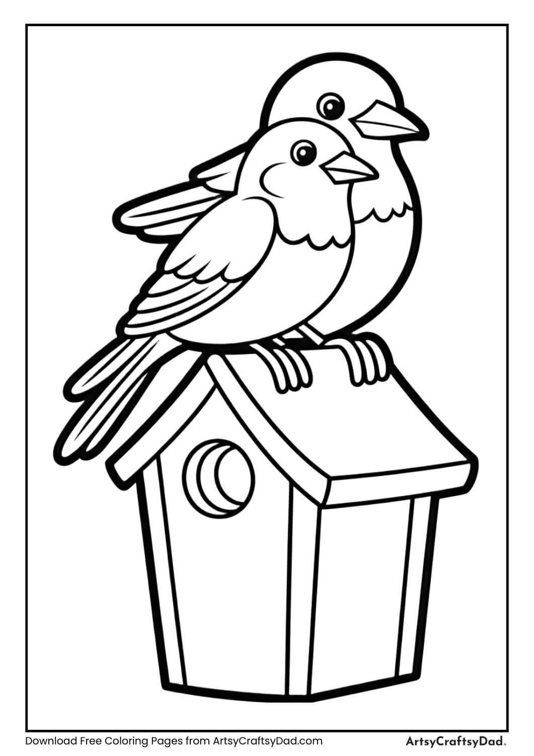 Birds on birdhouse black and white coloring page
