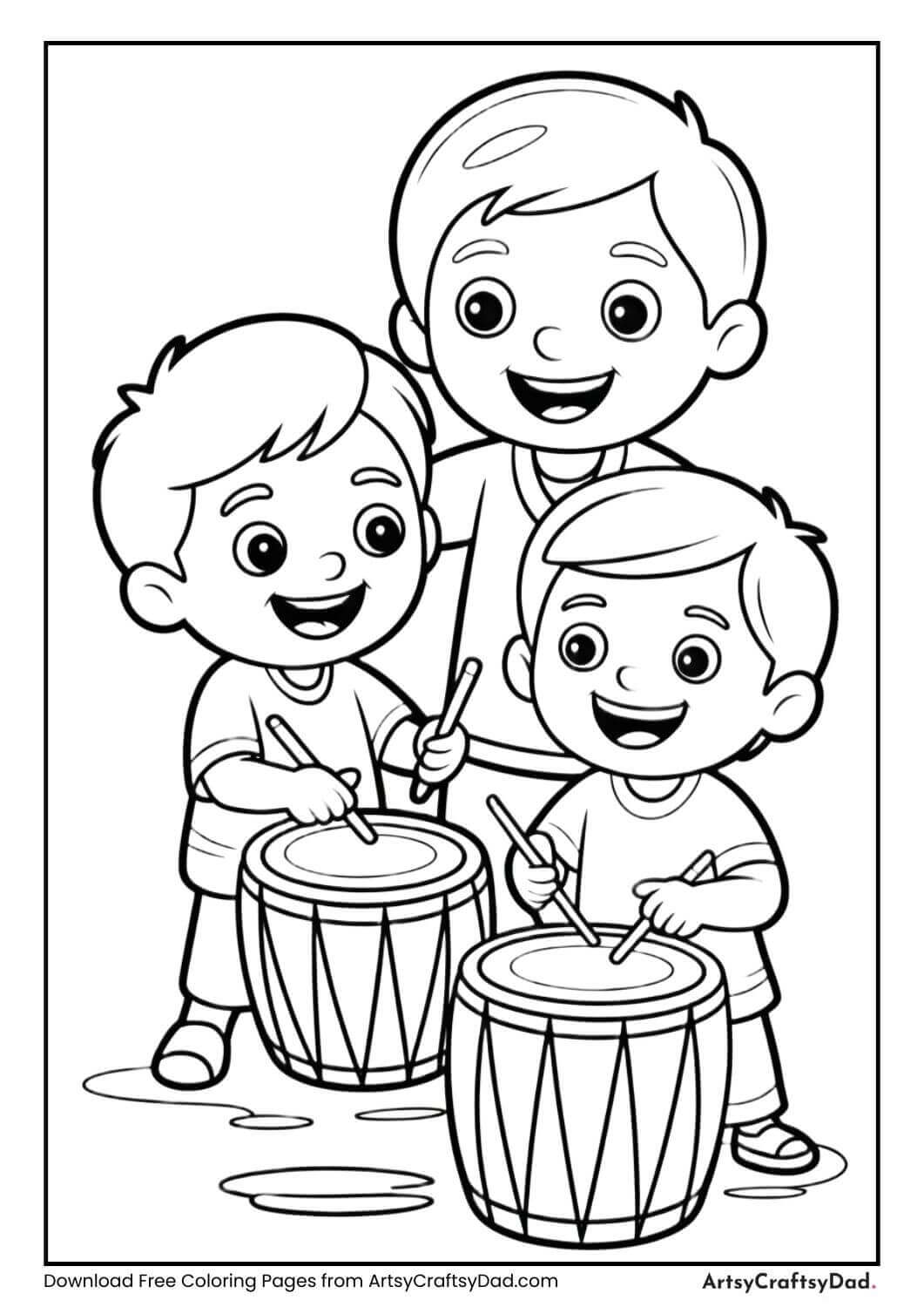 Kids playing drums on Holi coloring page