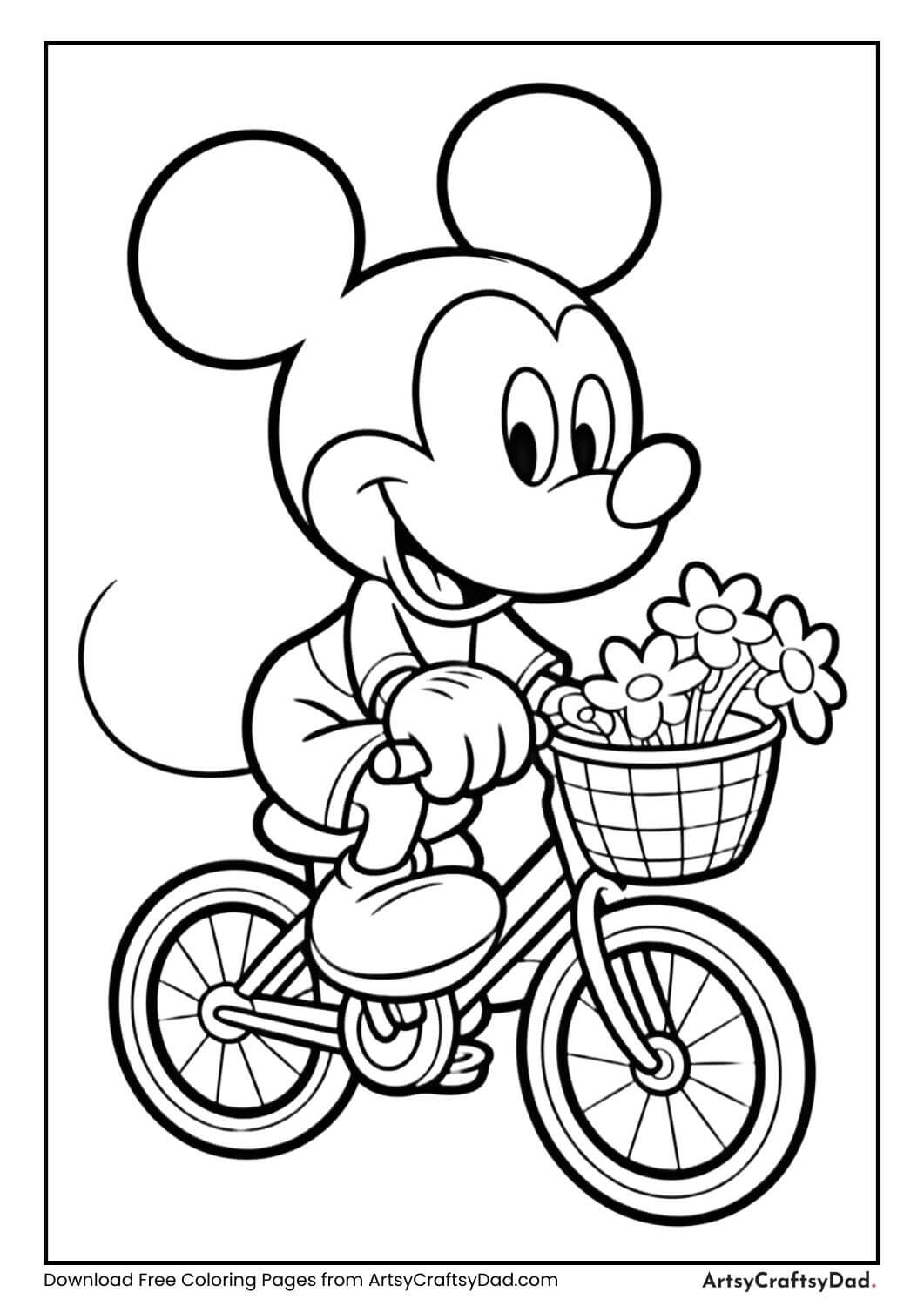 Mickey Mouse riding bicycle coloring sheet