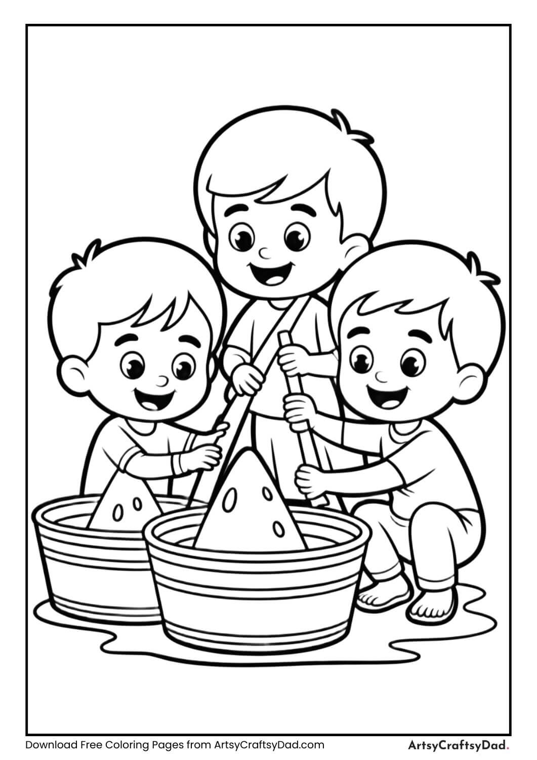 Kids with water tubs and pichkaris Holi coloring page