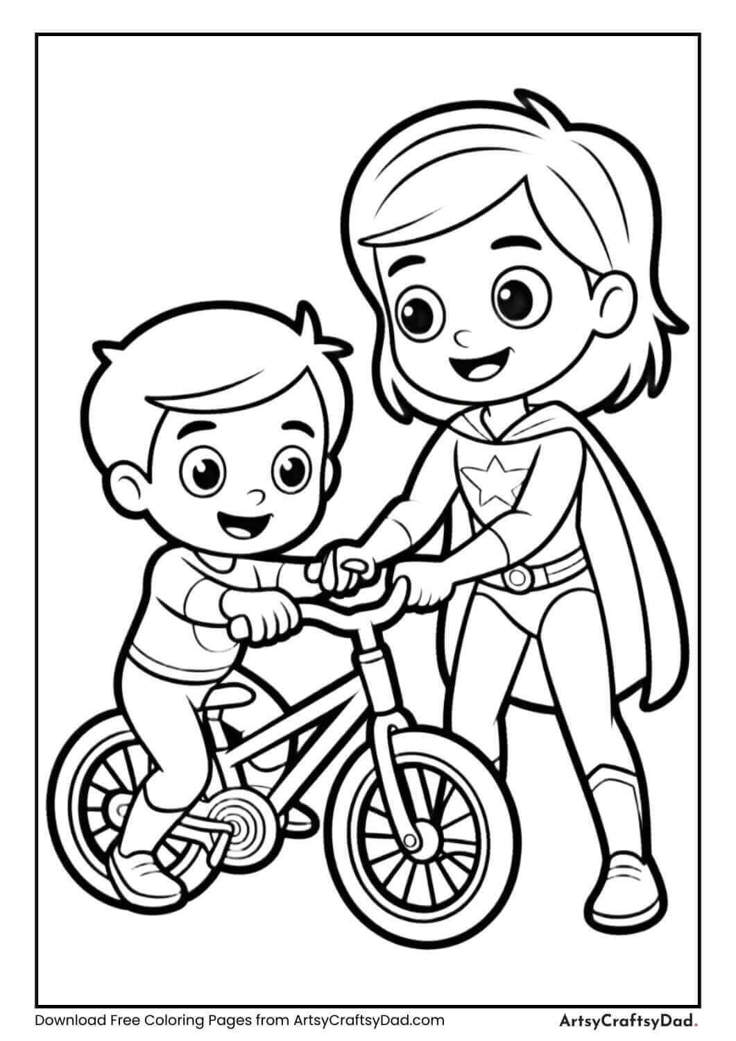 superhero helping kid fix bike coloring sheet